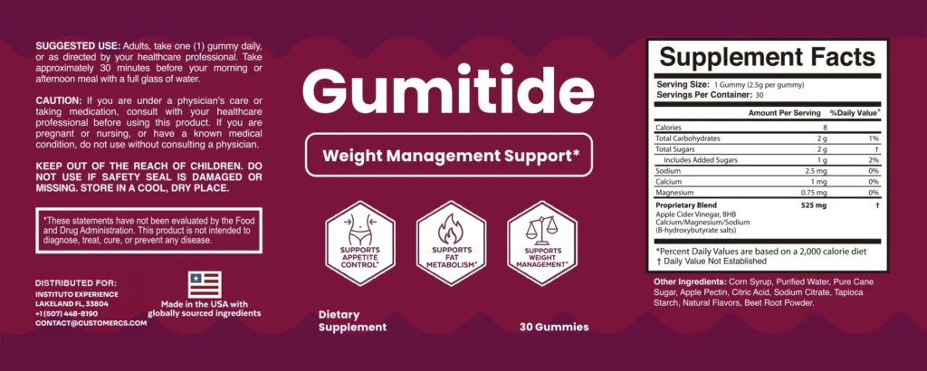 Gumitide supplement facts label and ingredients information