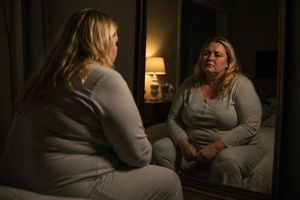 Sad overweight woman sitting on bed at night looking at her reflection in the mirror